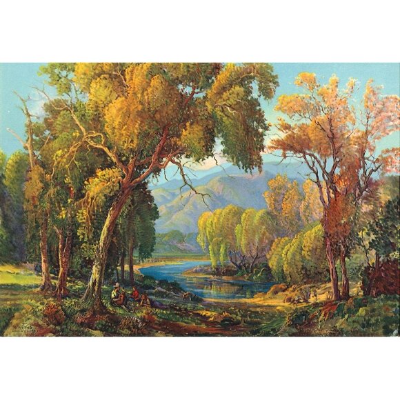 Vintage Calendar Print Playing Music Riverside 6x8 - Picture 1 of 1